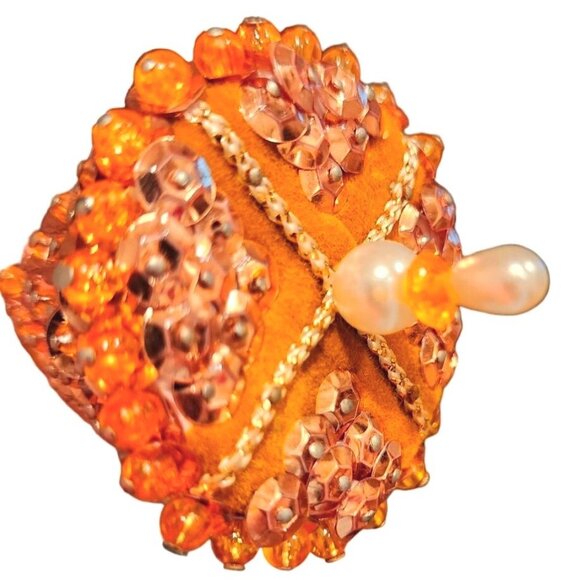 Orange Beaded Bell Ornament With Gold Accents Push Pin Pearl Details Holiday Dec - Picture 1 of 10